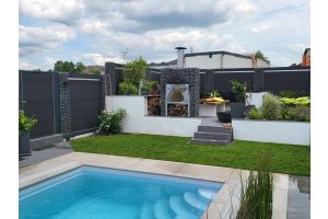 Gabionen mit WPC und Gartenkamin – Gartenkamine. Gabionen mit WPC und Gartenkamin