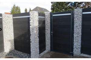 WPC Sichtschutz mit Gabione – WPC-zaun mit Gabionen. WPC Sichtschutz mit Gabione